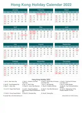Calendar Horizintal Grid Sun Sat Hong Kong Holiday Cool Blue Portrait 2022