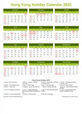 Calendar Horizintal Grid Sun Sat Hong Kong Holiday Natural Portrait 2022