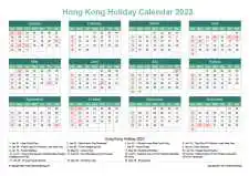 Calendar Horizintal Grid Sun Sat Hong Kong Holiday Watery Blue Landscape 2023