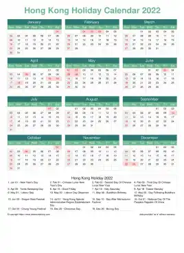 Calendar Horizintal Grid Sun Sat Hong Kong Holiday Watery Blue Portrait 2022