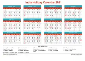 Calendar Horizintal Grid Sun Sat India Holiday Cheerful Bright Landscape 2021