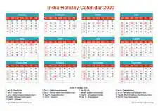 Calendar Horizintal Grid Sun Sat India Holiday Cheerful Bright Landscape 2023
