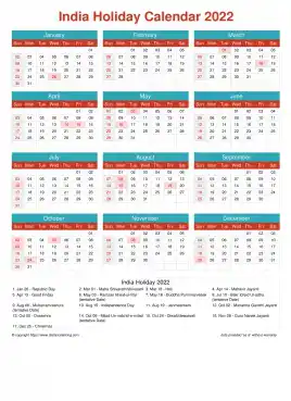 Calendar Horizintal Grid Sun Sat India Holiday Cheerful Bright Portrait 2022
