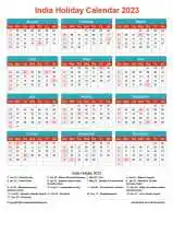 Calendar Horizintal Grid Sun Sat India Holiday Cheerful Bright Portrait 2023