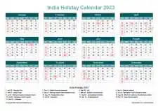 Calendar Horizintal Grid Sun Sat India Holiday Cool Blue Landscape 2023
