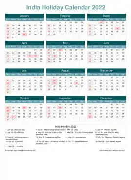 Calendar Horizintal Grid Sun Sat India Holiday Cool Blue Portrait 2022