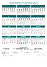 Calendar Horizintal Grid Sun Sat India Holiday Cool Blue Portrait 2023