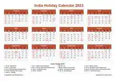 Calendar Horizintal Grid Sun Sat India Holiday Earth Landscape 2023