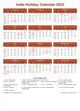 Calendar Horizintal Grid Sun Sat India Holiday Earth Portrait 2022