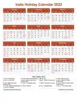Calendar Horizintal Grid Sun Sat India Holiday Earth Portrait 2023