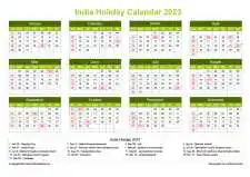 Calendar Horizintal Grid Sun Sat India Holiday Natural Landscape 2023