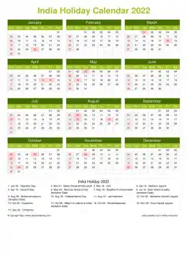 Calendar Horizintal Grid Sun Sat India Holiday Natural Portrait 2022