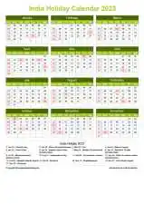Calendar Horizintal Grid Sun Sat India Holiday Natural Portrait 2023
