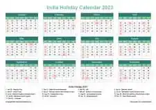 Calendar Horizintal Grid Sun Sat India Holiday Watery Blue Landscape 2023