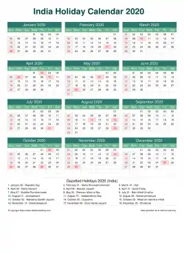 Calendar Horizintal Grid Sun Sat India Holiday Watery Blue Portrait 2020