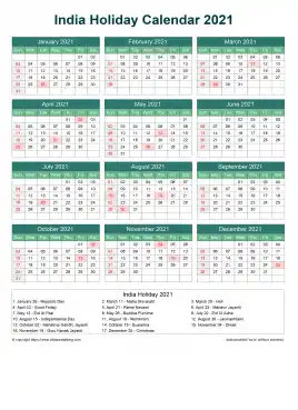 Calendar Horizintal Grid Sun Sat India Holiday Watery Blue Portrait 2021