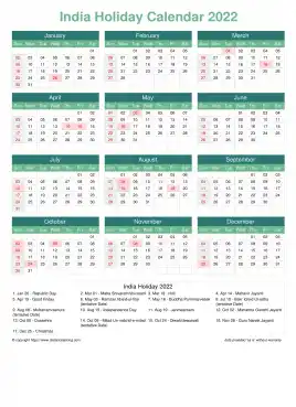 Calendar Horizintal Grid Sun Sat India Holiday Watery Blue Portrait 2022
