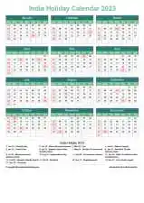 Calendar Horizintal Grid Sun Sat India Holiday Watery Blue Portrait 2023