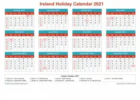 Calendar Horizintal Grid Sun Sat Ireland Holiday Cheerful Bright Landscape 2021