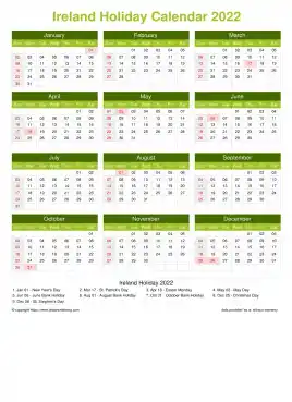 Calendar Horizintal Grid Sun Sat Ireland Holiday Natural Portrait 2022