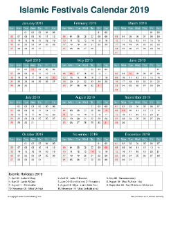 Calendar Horizintal Grid Sun Sat Islamic Holiday A4 Cool Blue 2019