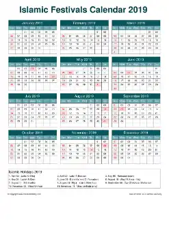Calendar Horizintal Grid Sun Sat Islamic Holiday A4 Cool Blue 2019