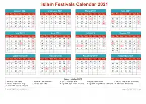 Calendar Horizintal Grid Sun Sat Islamic Holiday A4 Landscape Cheerful Bright 2021