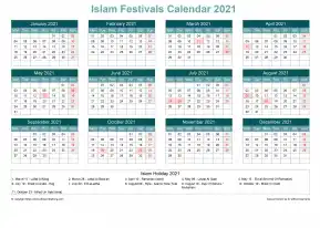 Calendar Horizintal Grid Sun Sat Islamic Holiday A4 Landscape Cool Blue 2021