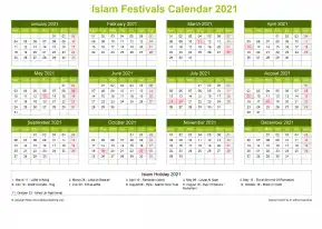 Calendar Horizintal Grid Sun Sat Islamic Holiday A4 Landscape Natural 2021
