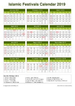 Calendar Horizintal Grid Sun Sat Islamic Holiday A4 Natural 2019