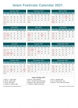 Calendar Horizintal Grid Sun Sat Islamic Holiday A4 Portrait Cool Blue 2021