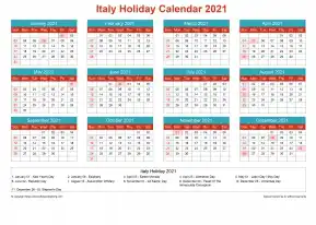Calendar Horizintal Grid Sun Sat Italy Holiday Cheerful Bright Landscape 2021