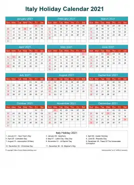 Calendar Horizintal Grid Sun Sat Italy Holiday Cheerful Bright Portrait 2021