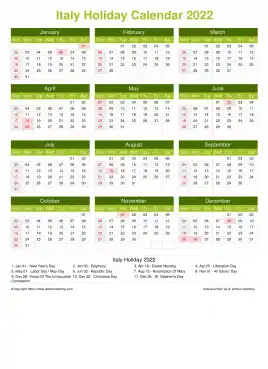Calendar Horizintal Grid Sun Sat Italy Holiday Natural Portrait 2022
