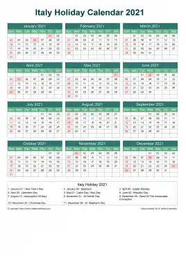 Calendar Horizintal Grid Sun Sat Italy Holiday Watery Blue Portrait 2021