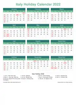 Calendar Horizintal Grid Sun Sat Italy Holiday Watery Blue Portrait 2022