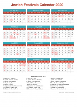 Calendar Horizintal Grid Sun Sat Jewish Holiday A4 Cheerful Bright 2020