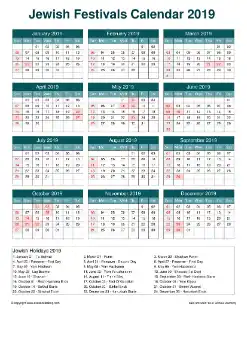 Calendar Horizintal Grid Sun Sat Jewish Holiday A4 Cool Blue 2019