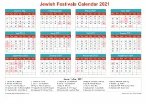 Calendar Horizintal Grid Sun Sat Jewish Holiday A4 Landscape Cheerful Bright 2021