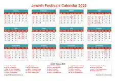 Calendar Horizintal Grid Sun Sat Jewish Holiday A4 Landscape Cheerful Bright 2023