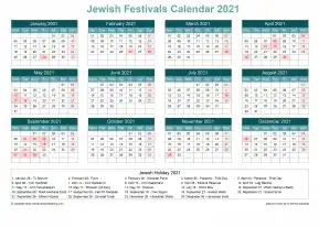Calendar Horizintal Grid Sun Sat Jewish Holiday A4 Landscape Cool Blue 2021