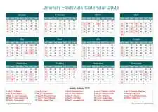 Calendar Horizintal Grid Sun Sat Jewish Holiday A4 Landscape Cool Blue 2023