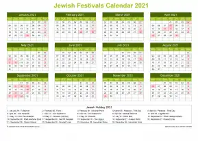 Calendar Horizintal Grid Sun Sat Jewish Holiday A4 Landscape Natural 2021