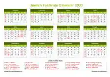 Calendar Horizintal Grid Sun Sat Jewish Holiday A4 Landscape Natural 2023