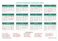 Calendar Horizintal Grid Sun Sat Jewish Holiday A4 Landscape Watery Blue 2023