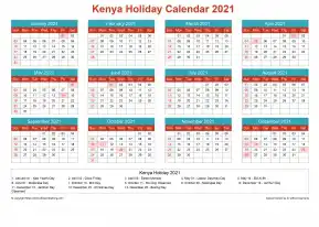 Calendar Horizintal Grid Sun Sat Kenya Holiday Cheerful Bright Landscape 2021