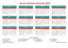 Calendar Horizintal Grid Sun Sat Kenya Holiday Cheerful Bright Landscape 2023