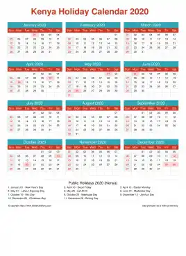 Calendar Horizintal Grid Sun Sat Kenya Holiday Cheerful Bright Portrait 2020