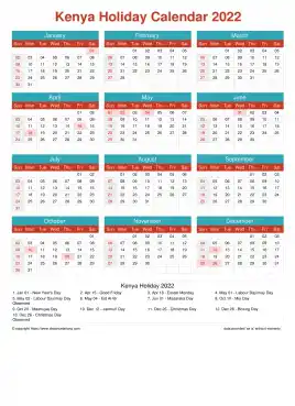 Calendar Horizintal Grid Sun Sat Kenya Holiday Cheerful Bright Portrait 2022