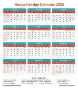 Calendar Horizintal Grid Sun Sat Kenya Holiday Cheerful Bright Portrait 2023
